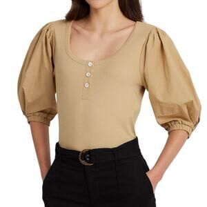 Lauren Ralph Lauren Puff Sleeve Henley Top XS Tan Fitted Stretch Tee NWT